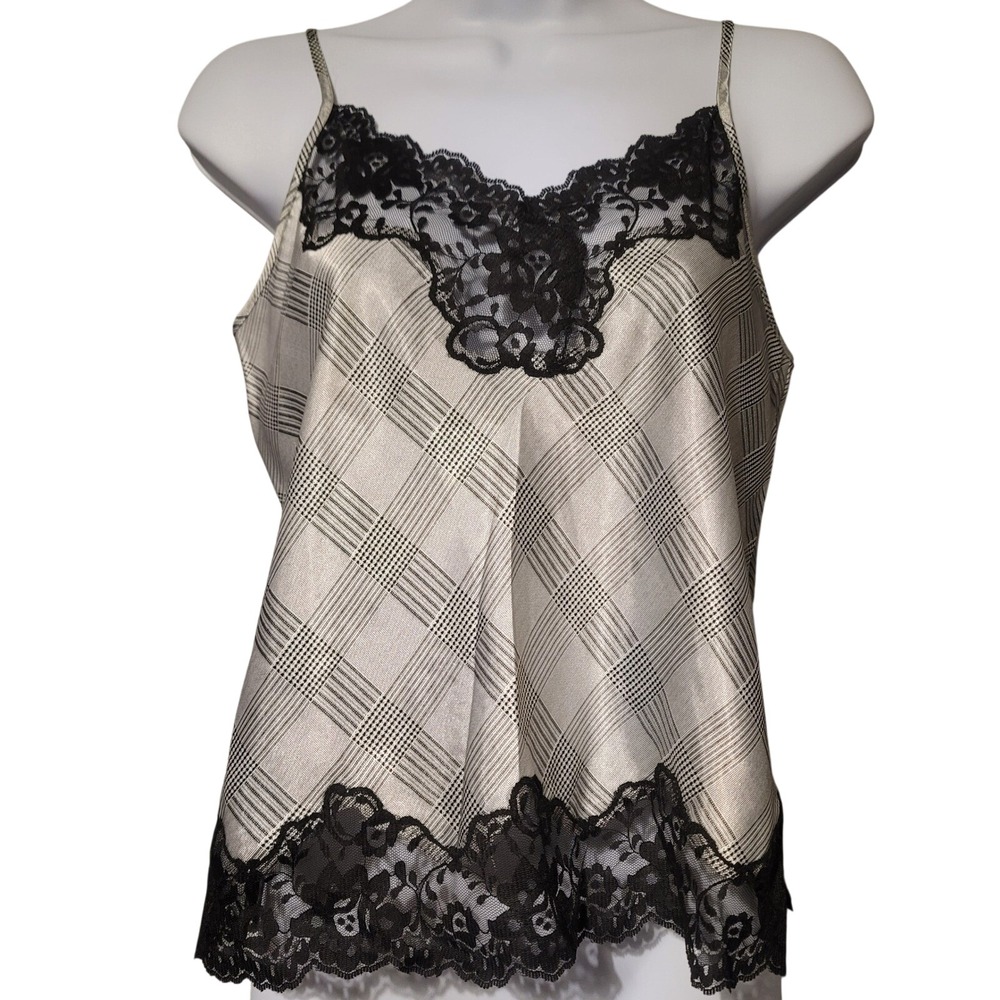 Jaclyn Smith Sleepwear Womens Small Grey Plaid Satin Lace Trim‎ Camisole Top S